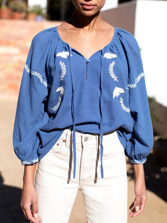 Emerson Fry Tops - Emerson Fry India Collection Lucy Dove Embroidery Blouse Riviera Flax | S